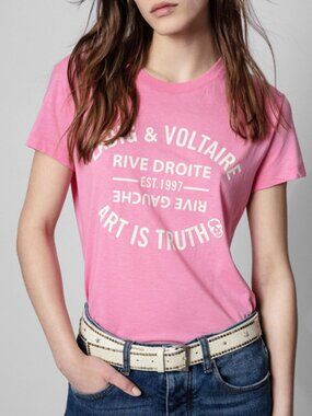NWT Zadig & Voltaire WALK Pink Logo Blason Lettering Print Short Sleeve T-Shirt
